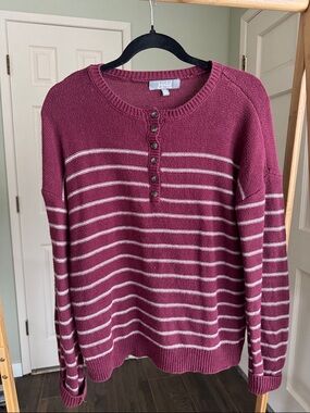 Marled Burgundy Stripe Henley Crewneck Sweater - Women